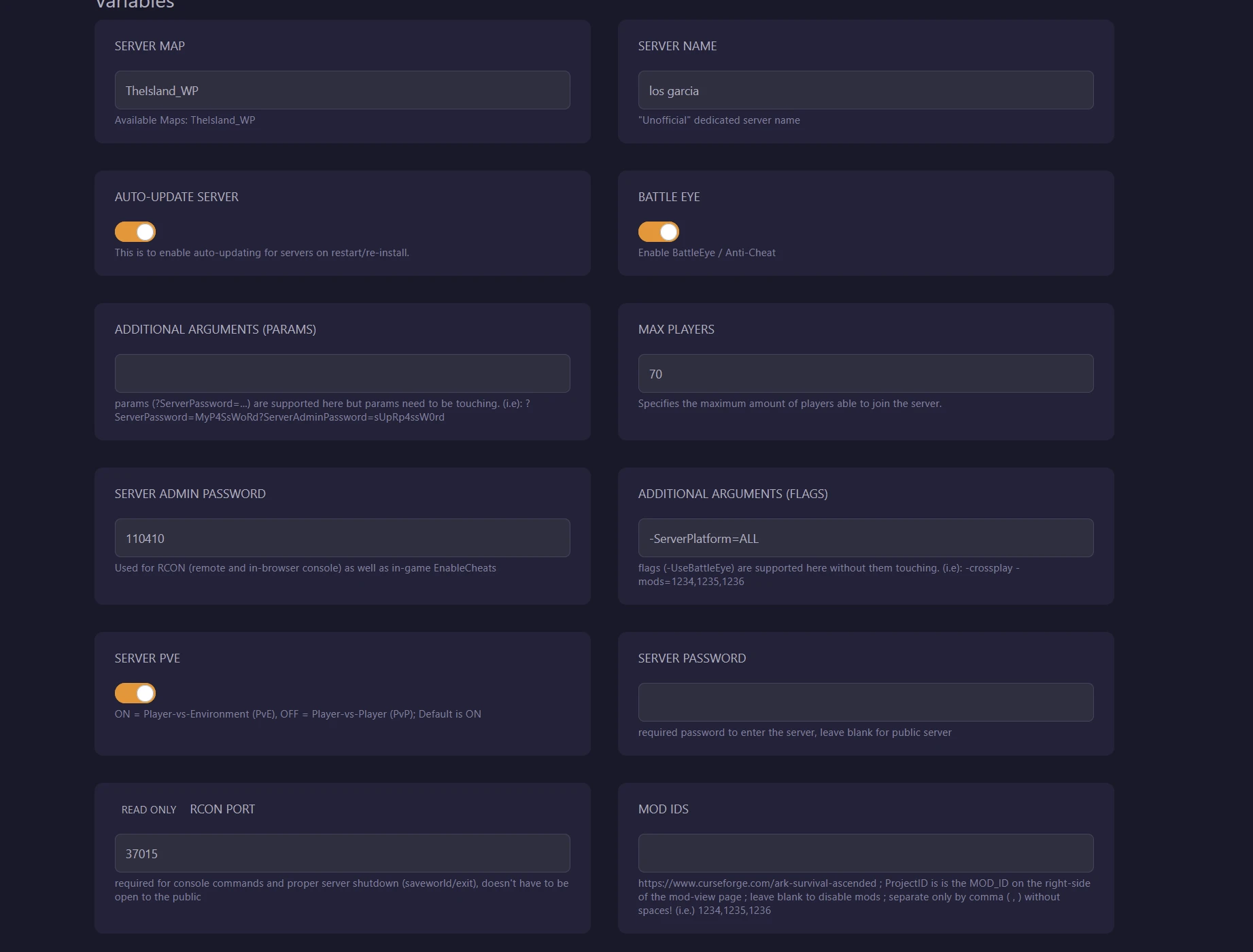 Startup tab: the ARK server variables in the panel