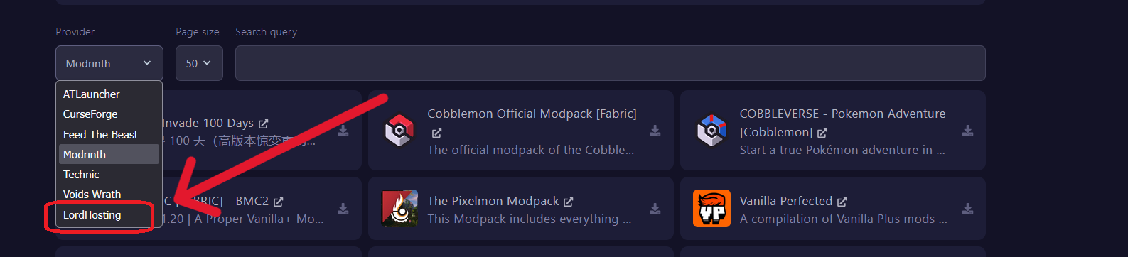Selecting the LordHosting provider in Pterodactyl to install Arcadia Echoes of Power